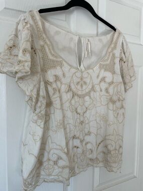 Anthropologie Women's Embroidered Cream Lace Overlay Top